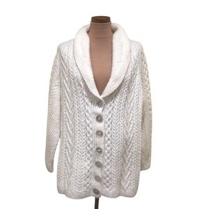 Cozy Cable Knit Shawl Collar Button-Front Sweater - White